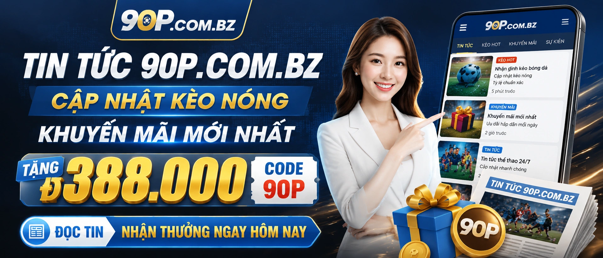 Giao diện trang tin 90p hiển thị các cập nhật và ưu đãi trên mobile